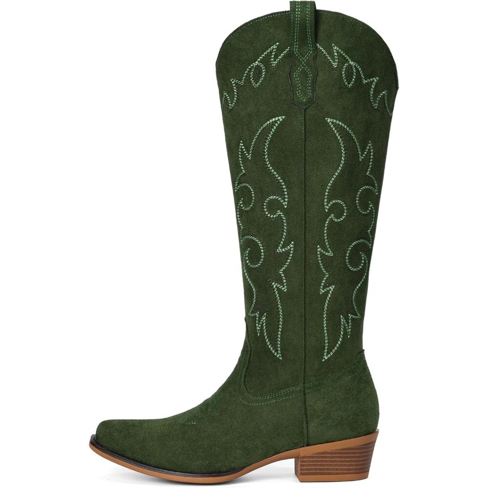 Women's Green Western Suede Cowboy Knee High Pointed Toe Low Heel Classic - Picture 5 of 6